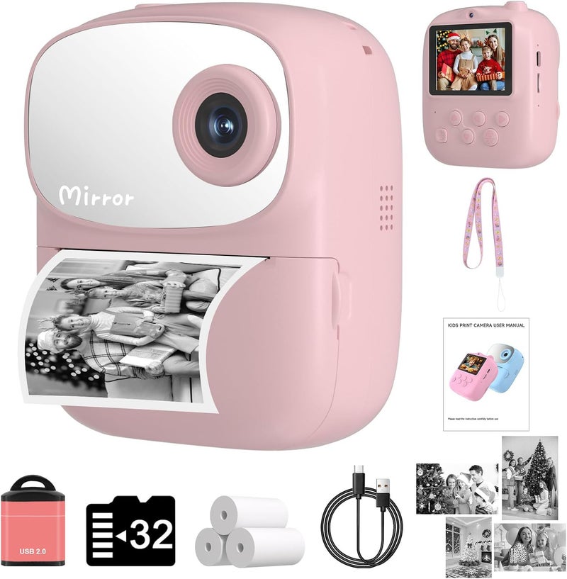 ICONLINK Kids Camera Instant Print for Kids with Mirror, HD Dual-Lens Selfie Digital Camera with 3 Rolls Print Paper & 32GB Card, Holiday Birthday Gifts Toys for Girls Boys Toddler.(Pink) - Image 1